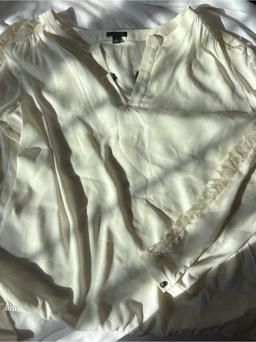 Ann Taylor Cream Lace-Trim V-Neck Blouse